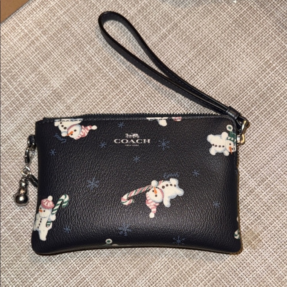 Coach Metallic Snowman Wristlet And Silver Snowman Charm with Gift Box NWOT